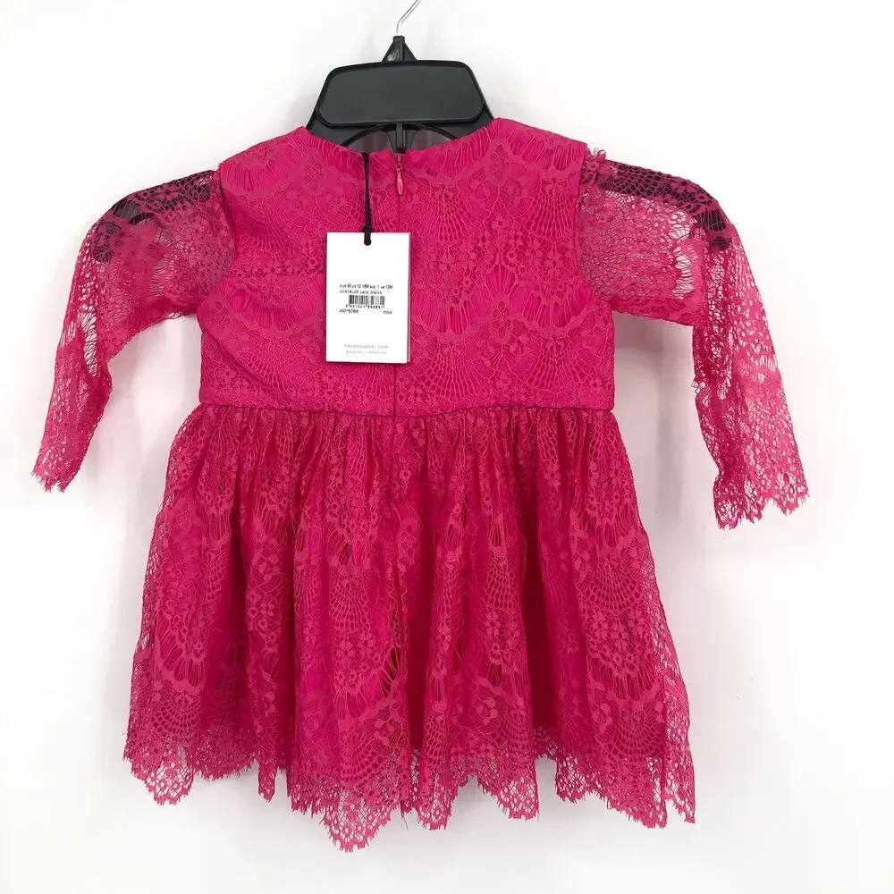 BARDOT Baby Girl Gertrude Lace Dress 12-18 Months Pink Long Sleeve NWT